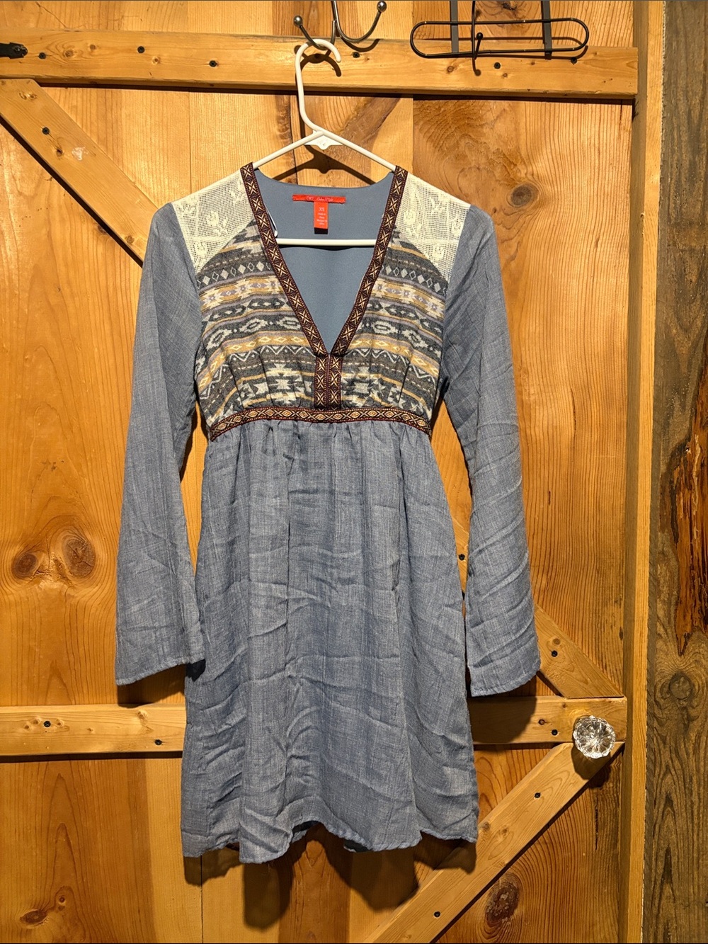 Light Blue Long-Sleeve V-Neck Boho Dress with Tapestry Like Trim